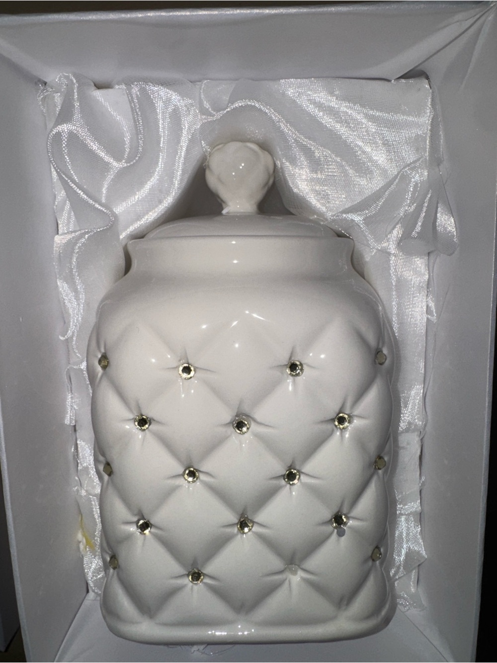 White Quilted Ceramic Canister with Rhinestone Accents - Picture 3 of 3